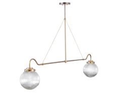 two glass globes hanging from a metal pole with an adjustable light fixture on one end