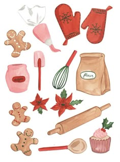 watercolor and ink illustration of christmas baking supplies, including cookie cutters, doughnuts, candy canes, gingerbread