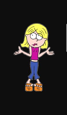 a cartoon girl with her arms wide open, standing in front of a black background