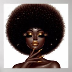 an illustration of a woman with gold makeup and afro hair, holding her hand to her mouth