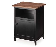 a small black cabinet with a wooden top