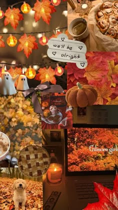 a collage of photos with autumn leaves, pumpkins and other things in the background