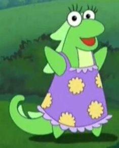 a cartoon character in a purple dress with yellow flowers on it's chest and legs