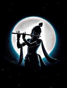 a woman holding a flute in front of a full moon