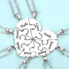 Up to 10 names necklace or key chains. 2 Name = 2 necklaces or keychains 3-4 Names = 3 or 4 necklaces or keychains. Puzzle Necklace, Sliver Necklace, Bff Jewelry, Necklace Chain Types, Heart Puzzle, Customised Gifts, Silver Keychain, Bff Necklaces, Colored Engagement Rings