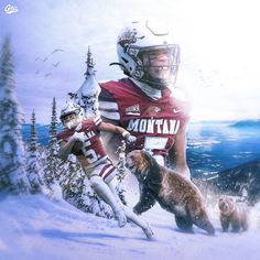 two football players are running in the snow with their dog and bear on one side