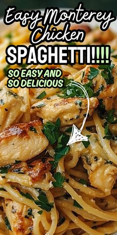 a plate of pasta with chicken and spinach on it, text reads easy mother's chicken spaghetti so easy and so delicious