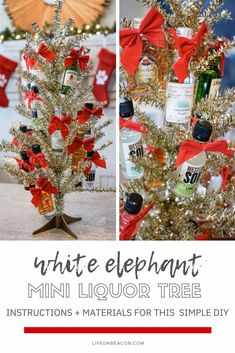 a white elephant mini liquor tree is decorated with red bows and silver tinsels