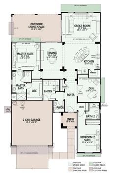 the floor plan for a home with two car garages and an attached living area