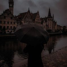 a person holding an umbrella in front of a body of water with buildings on both sides