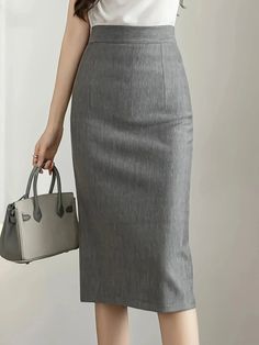 Olivia Mark - High-Waisted Bodycon Skirt with Knee-Length Gray Pencil Skirt Outfit, Pencil Skirt Outfit, Gray Pencil Skirt, Stylish Maxi Dress, Fashion Dictionary, Pencil Skirt Outfits, Grey Pencil Skirt, Wrap Around Skirt, Bodycon Skirt