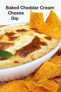 baked cheesy dip with tortilla chips on the side and text overlay