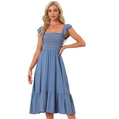 In a smocked front and contrast decor design, made of lightweight fabric, the dress can fill your outfit's collection in your wardrobe. The soft fabric makes flowy ruffles below the knee in a flared dress with a tiered-shirred hem. The midi dress is suitable for summer and many occasions, such as casual, dating, cocktail parties, weekend gatherings, beaches, travel, and daily wear. Maxi Bodycon Dress, Casual Dating, Ruffle Fabric, Midi Sundress, Grey Midi Dress, Target Dresses, Mini Sundress, Ballet Dress, Flared Dress