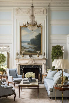 a living room filled with furniture and a painting hanging on the wall over a fire place