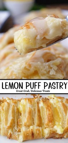 A double photo collage of lemon puff pastries on a white plate.