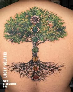 the back of a woman's upper body with a tree and seven chakras on it