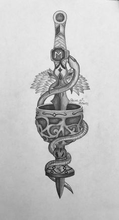 a pencil drawing of a dagger and snake on top of a piece of white paper