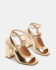 VIRGIL Gold Strappy Peep Toe Block Heel | Women's Heels – Steve Madden Kitten Heel Slingbacks, Gold Block Heels, Rush Outfits, Heels Steve Madden, Strappy Shoes, Wedge Loafers, Steve Madden Heels, Gold Shoes, Gold Heels