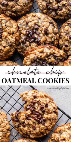 chocolate chip oatmeal cookies on a cooling rack with the words chocolate chip oatmeal cookies