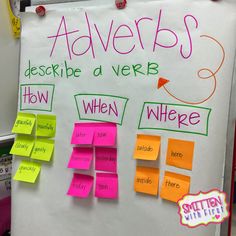 a bulletin board with sticky notes attached to it and adverbs written on the back