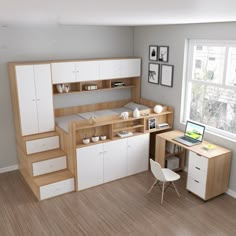 a computer desk sitting under a window next to a white chair and wooden flooring