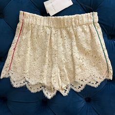 Nwt Gucci Rebrod Lace Shorts In Ivory. Green Piping Down One Leg And Red Piping Down The Other, Elastic Waist Band, Scalloped Hem. 55% Viscose, 35% Cotton And 10% Polyamide; Made In Italy. Spring Gucci Short Bottoms, Gucci Spring Bottoms In Short Length, Gucci Short Bottoms For Spring, Gucci Spring Short Bottoms, Gucci Summer Bottoms, Gucci Flower, Gucci Shorts, Leopard Print Jacket, Pink Bodycon Dresses