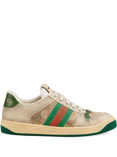 Influenced by classic trainers from the '70s, the Screener sneakers—named for the defensive sports move—feature the Web stripe on the side and vintage Gucci logo, treated for an allover distressed effect. A pastiche of different influences that span across decades, the Pre-Fall 2019 collection continues to reference old school shapes and materials inspired by vintage sportswear. Gucci Screener, Sneakers Gucci, Stone Island Clothing, Valentino Clothing, Vintage Sportswear, Gucci Kids, Gucci Logo, Logo Vintage, Occasion Shoes