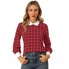 This check plaid shirt is perfect for moving in and out of the office. Featuring a contrast turndown collar and button back, it adds a design-led edge to your workwear look. The shirt's simple and delicate design includes a check plaid pattern and long sleeves, giving office-chic a whole new meaning. Pair it with tailored trousers and point-toe heels for a smart-casual finish. Model is wearing size XS. Classic Plaid Button-up Top, Plaid Collared Single-breasted Top, Plaid Long Sleeve Top With Button Closure, Luxury Plaid Button-up Top, Oversized Flannel, Office Chic, Plaid Long-sleeve Top With Button Closure, Plaid Blouse, Work Shirt