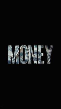 the word money written in dollar bills on a black background with white and gray letters