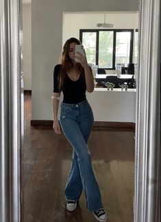 Flared Jeans Outfit Street Style, Outfit Ideas 2023 Casual, Blue Jean And Black Top Outfit, Style For 2024, Jeans And T Shirt Outfit Summer, Long Leg Short Torso Outfits, Bgc Outfit Ideas Philippines, Flare Jeans And T Shirt Outfit, Casual School Outfits With Jeans