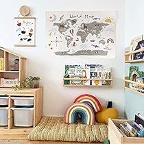 a child's playroom with toys and books