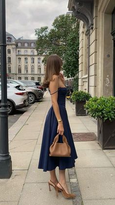 Navy Dress Formal Classy, Elegant Dresses Casual Classy, A Line Dress Poses, Classy Navy Blue Outfit, Classy Dresses Aesthetic, Summer Elegant Outfit Classy Chic, Blue Cocktail Dress Outfit, Cocktail Dress Aesthetic, Midi Dress Aesthetic