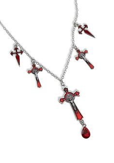 This jewelry set comes with a statement necklace that features multiple cross and dagger charms, a large red gemstone, and matching drop earrings. Mall Goth Jewelry, Mafia Jewelry, Virtual Angel, Goth Cross, Vampire Earrings, Blood Drop, Halloween Goth, Faith Jewelry, Goth Jewelry