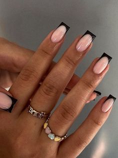 Black French Tip Nails, Black French Tip, French Tip Acrylic Nails, Her Nails, Work Nails, Short Square Acrylic Nails, Black French, Tip Nails, Black Nail