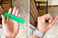 two pictures of a person holding a green comb in their left hand and another photo of someone's right hand