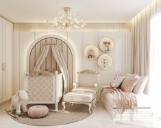 a baby's room is decorated in white and pink