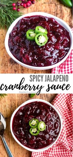 two bowls filled with cranberry sauce on top of a wooden table