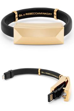 two different types of bracelets with gold and black accents