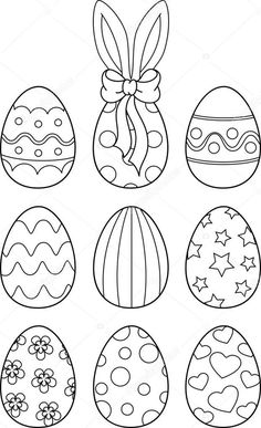 an easter egg coloring page with six decorated eggs in different shapes and sizes, including the top