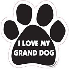 a black and white paw print with the word woof on it's side