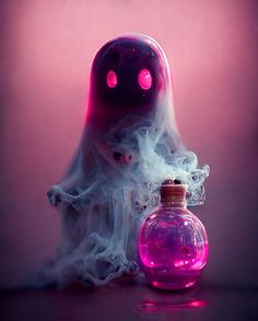 a bottle with some liquid in it sitting next to a ghost