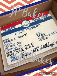 a cake in a box with the names of bakers and their employees on it