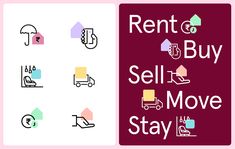 the words rent and buy sell move stay are shown in two different colors, one is pink