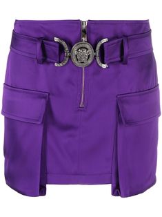 grape purple moire effect Medusa Head motif belt loops front zip fastening two side flap pockets Moire Effect, Versace Skirt, Purple Belt, Belted Mini Skirt, Wool Mini Skirt, Medusa Head, Versace Shirt, Cargo Skirt, Fitted Skirt