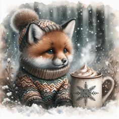 a painting of a red fox wearing a sweater and holding a mug in the snow