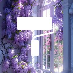 purple flowers are growing up the side of a wall next to an open window with a white sign on it