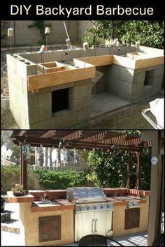 an outdoor bbq with grill and sink built into the back wall, next to a backyard barbeque