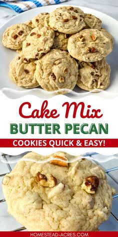 two pictures with the words cake mix butter pecan cookies quick and easy on them