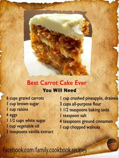 the recipe for carrot cake is shown in this advertisement with information about how to make it