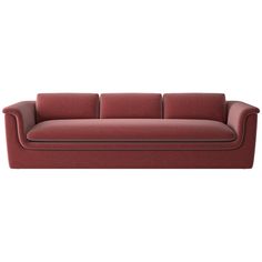 a red couch sitting on top of a white floor